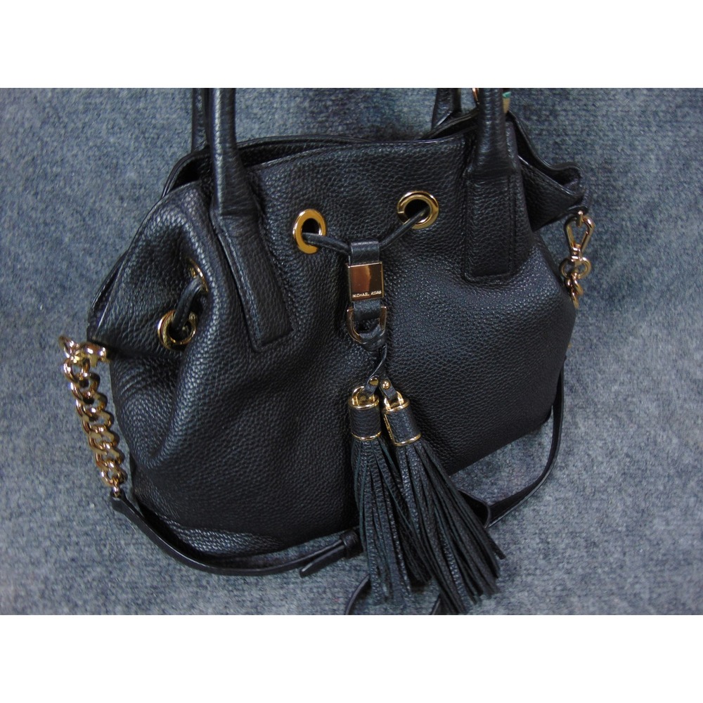 Michael Kors Suri Bucket‎ Purse Black Leather Drawstring Tassel Chain Strap